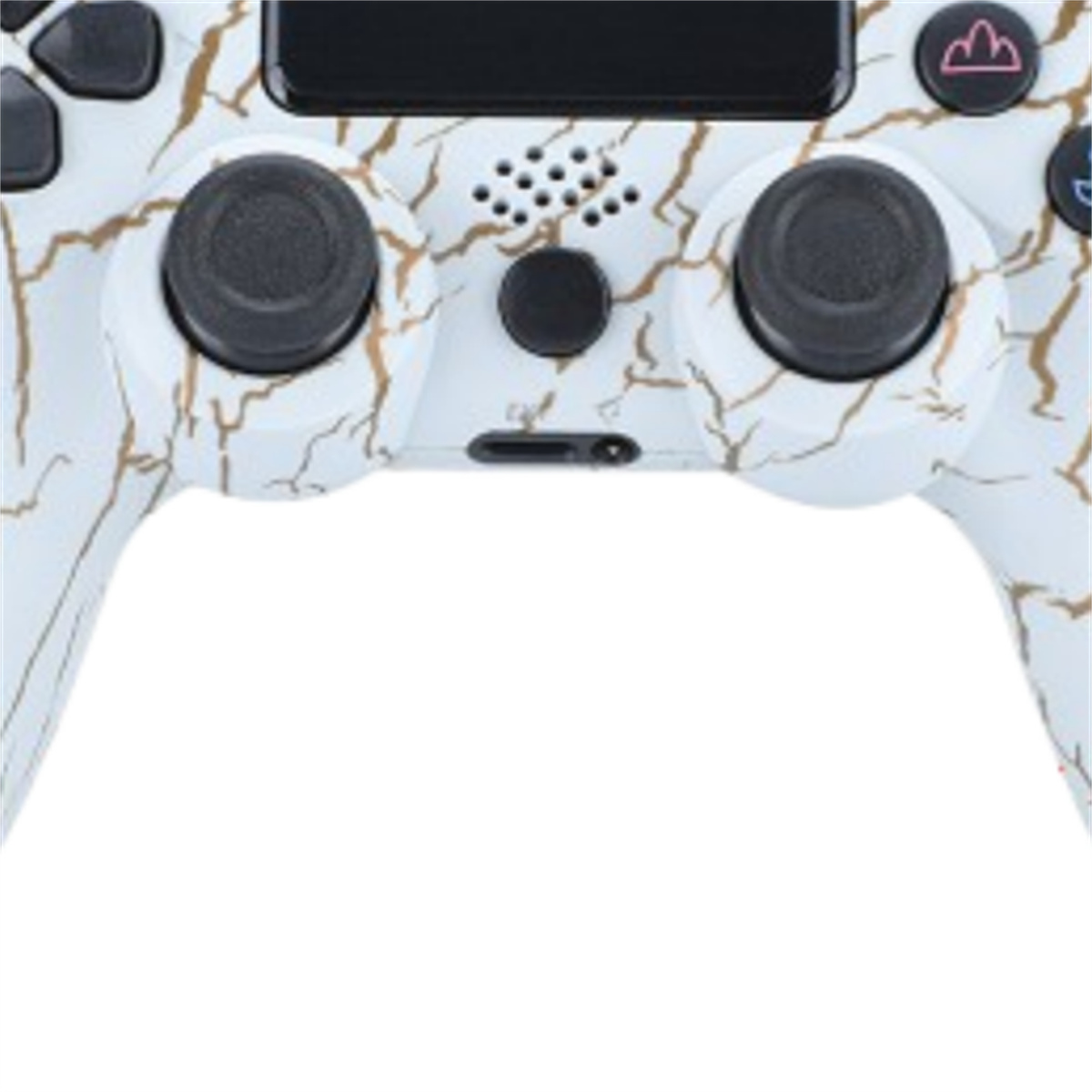 Weiß-gold marmorierter PS4-Controller auf weißem Hintergrund.