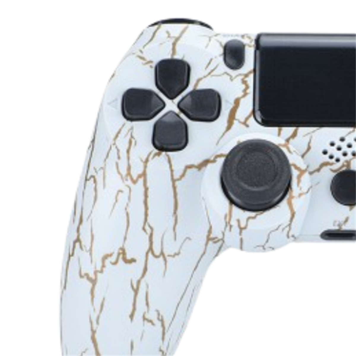 Weiß-goldener PS4-Controller mit schwarzen Knöpfen. Weißer Hintergrund.