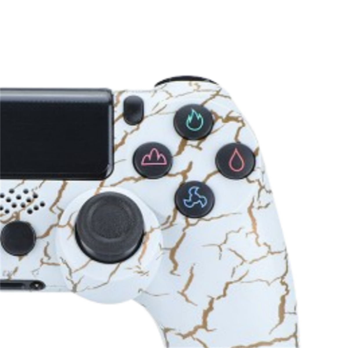 Weißer und goldener PlayStation-Controller. Knöpfe sind schwarz. Mit strukturierter Oberfläche.