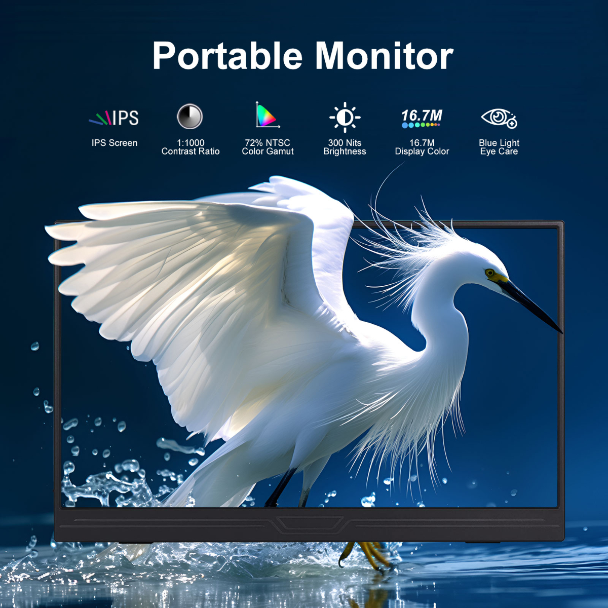 Ein tragbarer Monitor, der ein Bild eines weißen Vogels mit Textüberlagerung anzeigt.