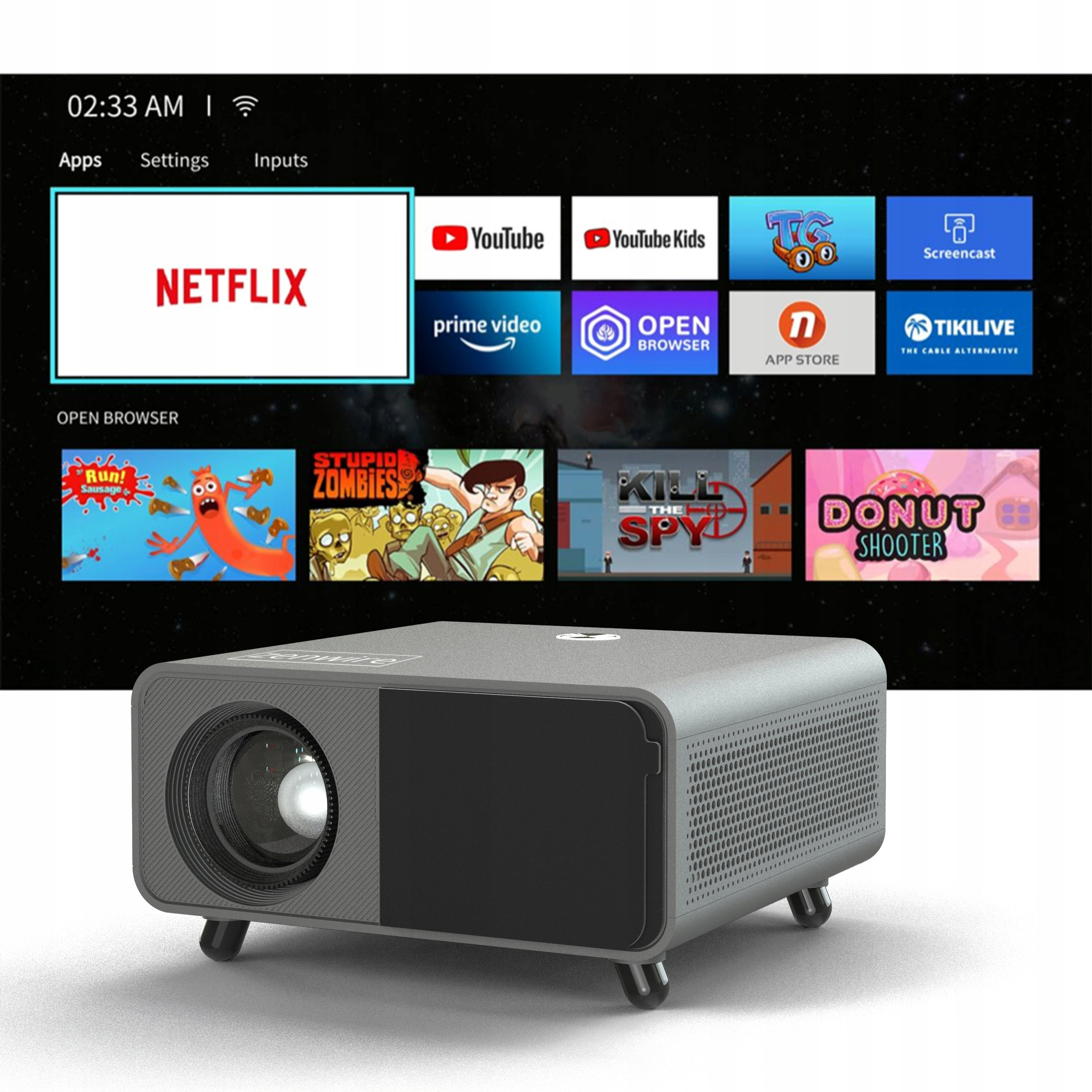 Ein Projektor zeigt Apps wie Netflix an. Der Bildschirm zeigt einen offenen Browser und andere Unterhaltungsoptionen.