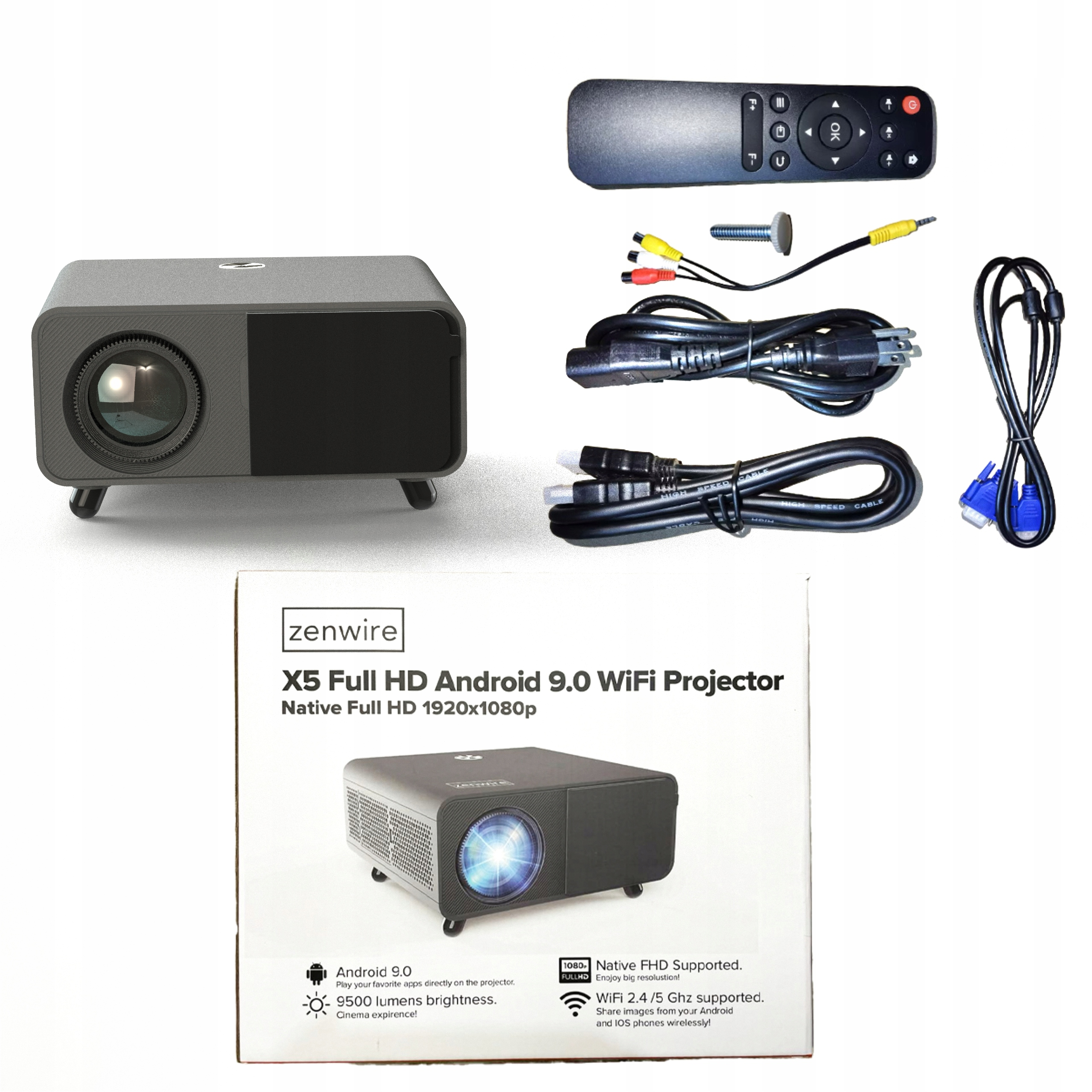 Projektor mit Fernbedienung, Kabeln und Box. Box sagt 'X5 Full HD Android 9.0 WiFi Projector'.