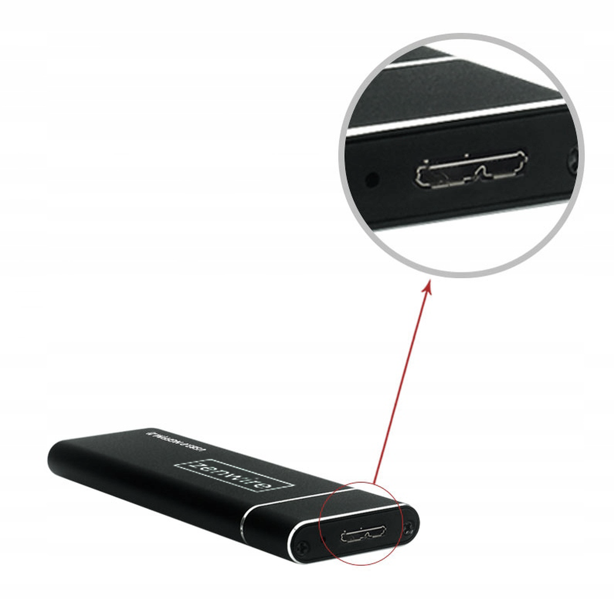 Czarny zewnętrzny dysk twardy ze szczegółowo pokazanym portem USB.