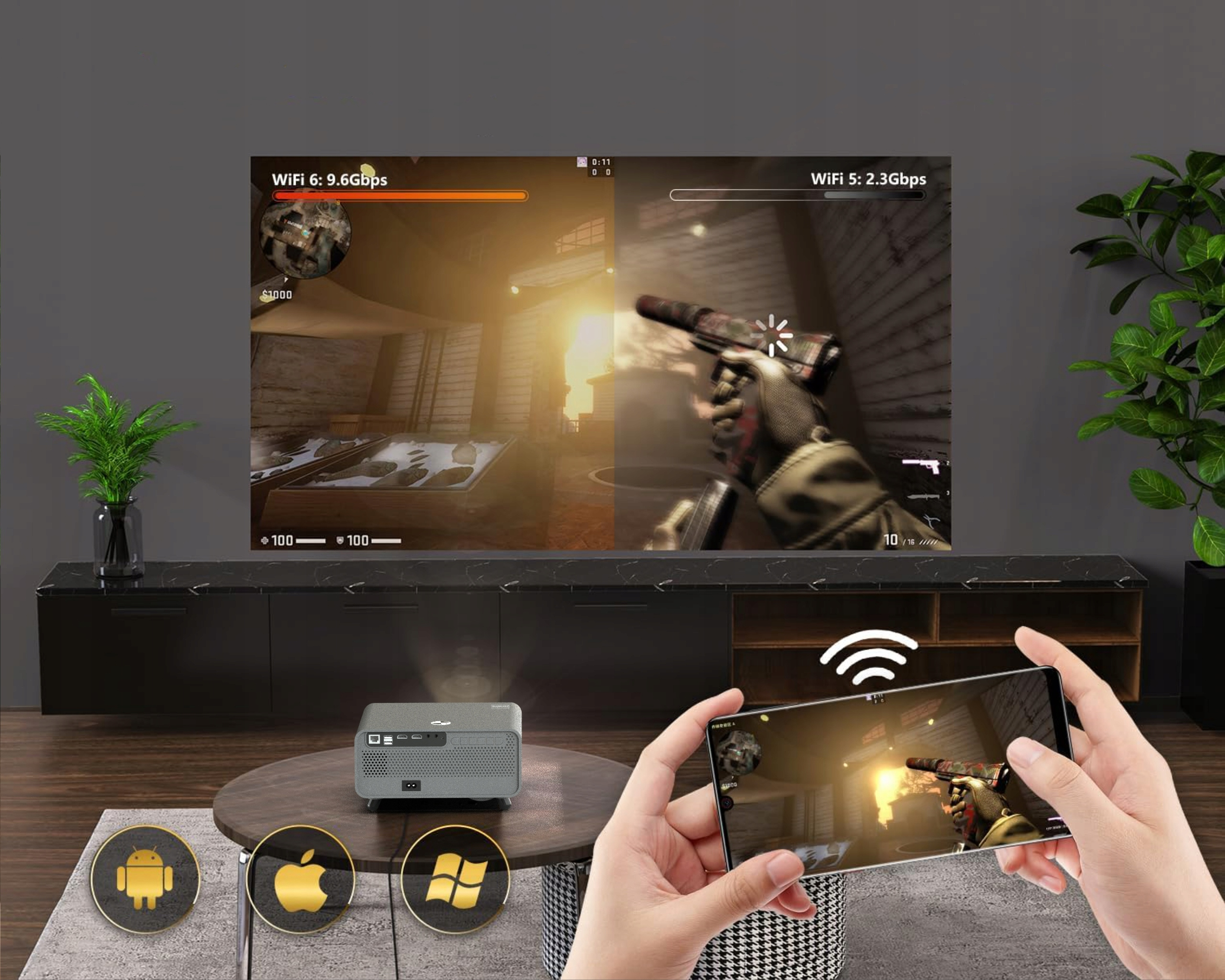 Eine Person hält ein Telefon mit einem Spielbildschirm. Ein Projektor zeigt das Spiel an der Wand.