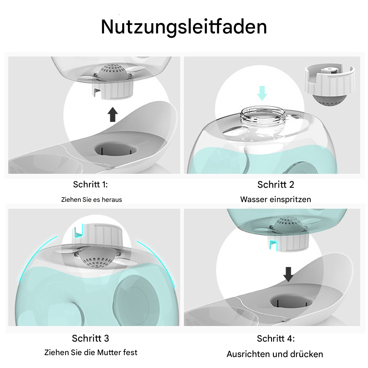 Diagramm, das die Schritte zum Befüllen eines Haustier-Trinkbrunnens zeigt. Schritt 1: Entfernen. Schritt 2: Wasser einspritzen.