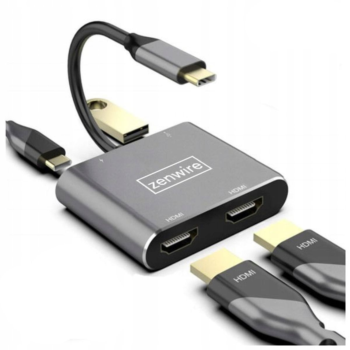 Srebrny adapter HDMI z wieloma portami. Kable podłączone. Marka Zenwire jest widoczna.