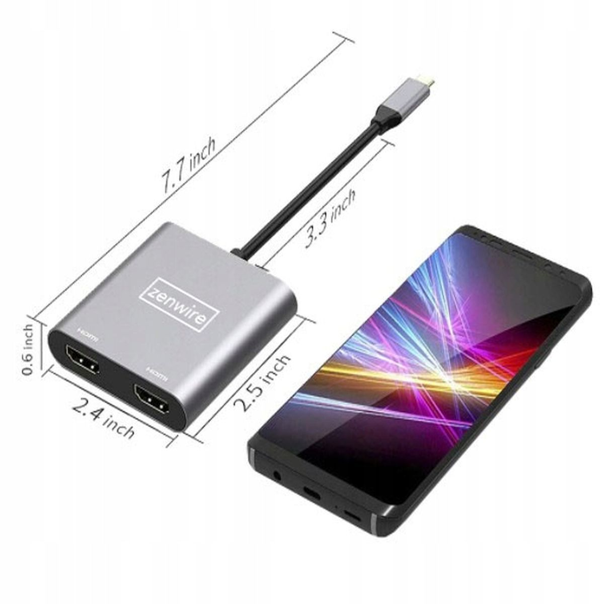 Srebrny adapter z portami HDMI i kablem USB-C, obok telefonu. Podano wymiary.