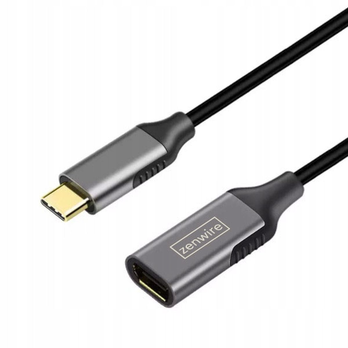 USB-C-zu-USB-C-Kabel mit grauen Steckern. Ein Stecker ist mit zenwire beschriftet.
