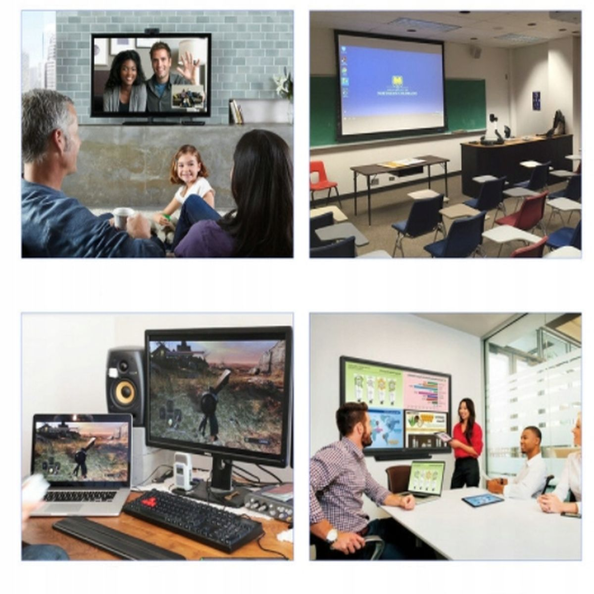 Vier Bilder, die Videoanrufe, Klassenraumprojektionen, Gaming-Setup und ein Meeting mit mehreren Bildschirmen zeigen.