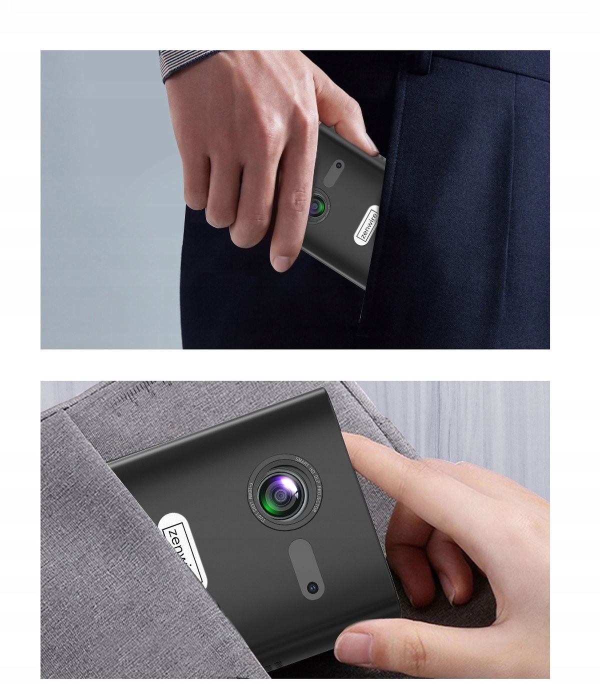 Dwa obrazy. Ręka wkładająca telefon do kieszeni i telefon w torbie. Czarny telefon.