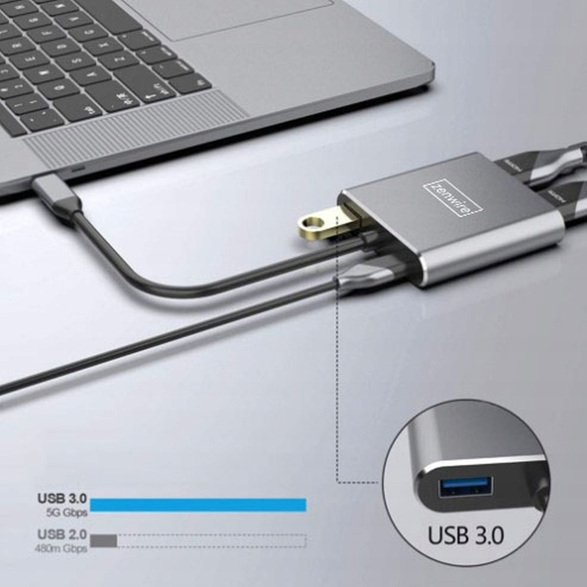 Srebrny hub z różnymi portami, takimi jak USB 3.0. Laptop w tle podłączony do huba.