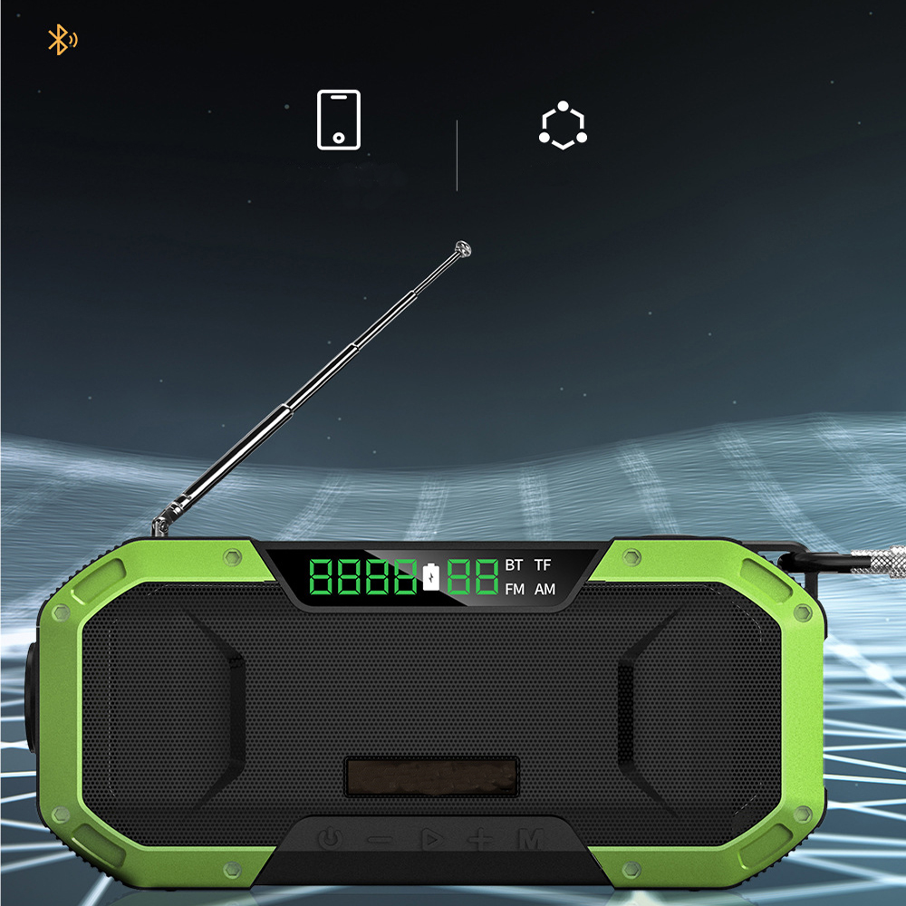Grünes Radio mit Antenne und Bildschirm. Zwei Bluetooth-Symbole oben.