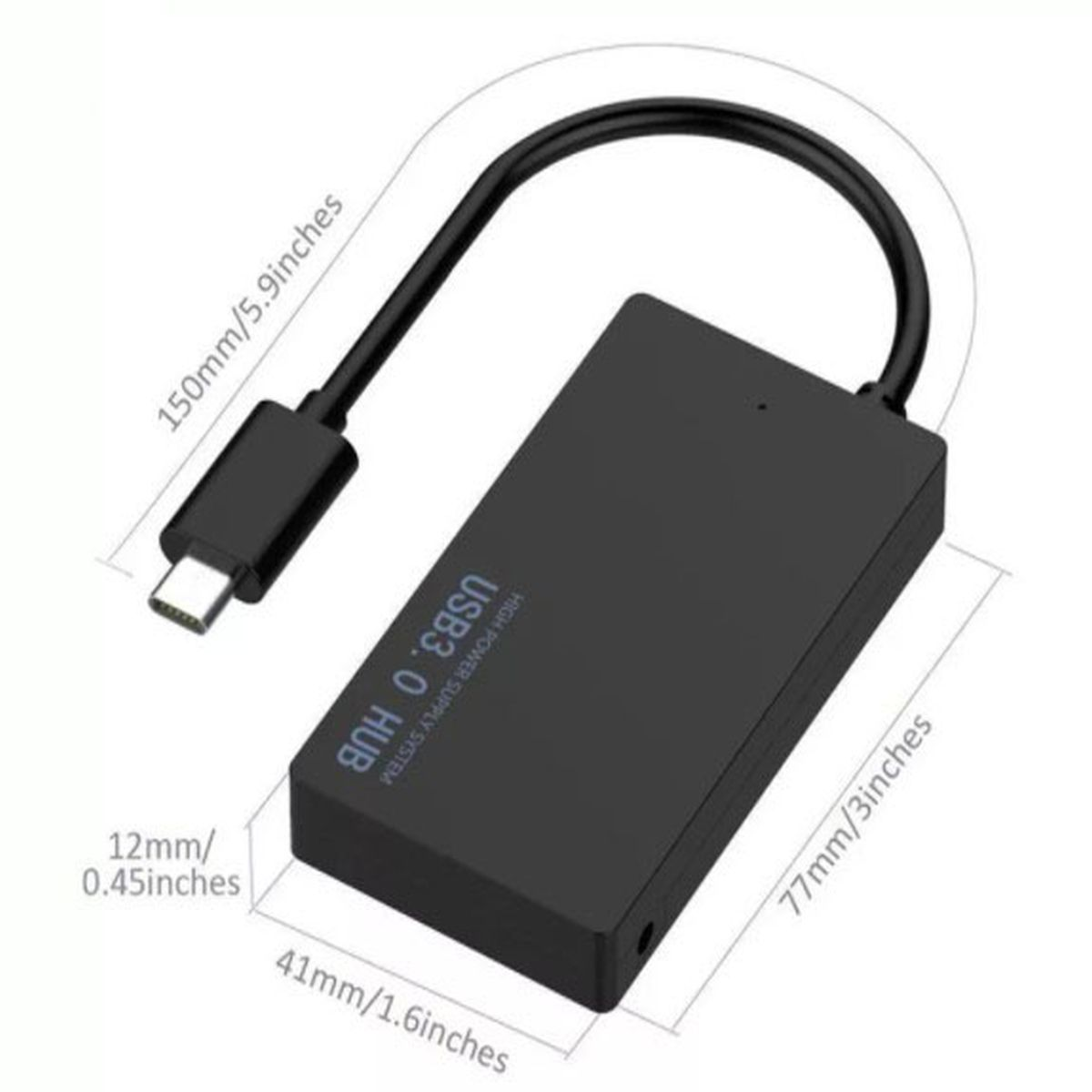 Ein schwarzer USB3.0-Hub mit USB-C-Anschluss. Es hat Abmessungen und Text 'USB3.0 HUB HIGH POWER SUPPLY SYSTEM'.