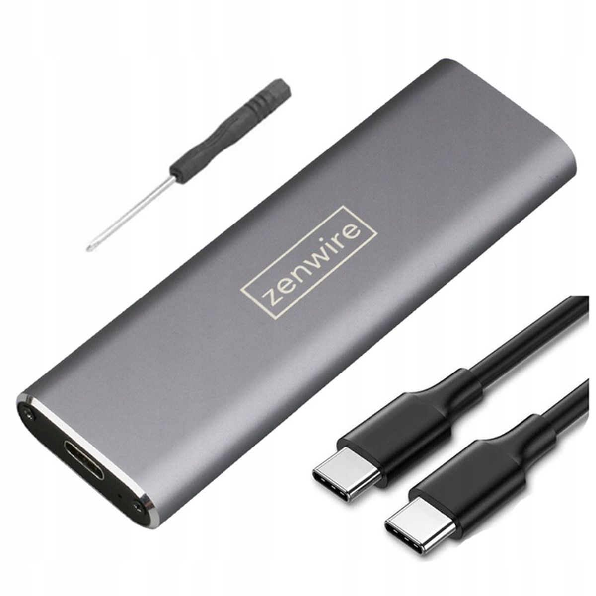 Eine graue externe Festplatte mit Zenwire-Logo, einem kleinen Schraubendreher und zwei USB-C-Kabeln.