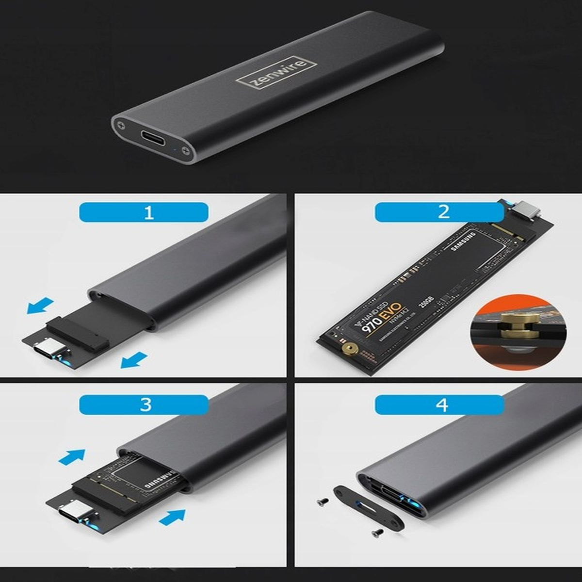Festplattengehäuse mit abnehmbarer Abdeckung, zeigt die Installationsschritte einer SSD-Festplatte.