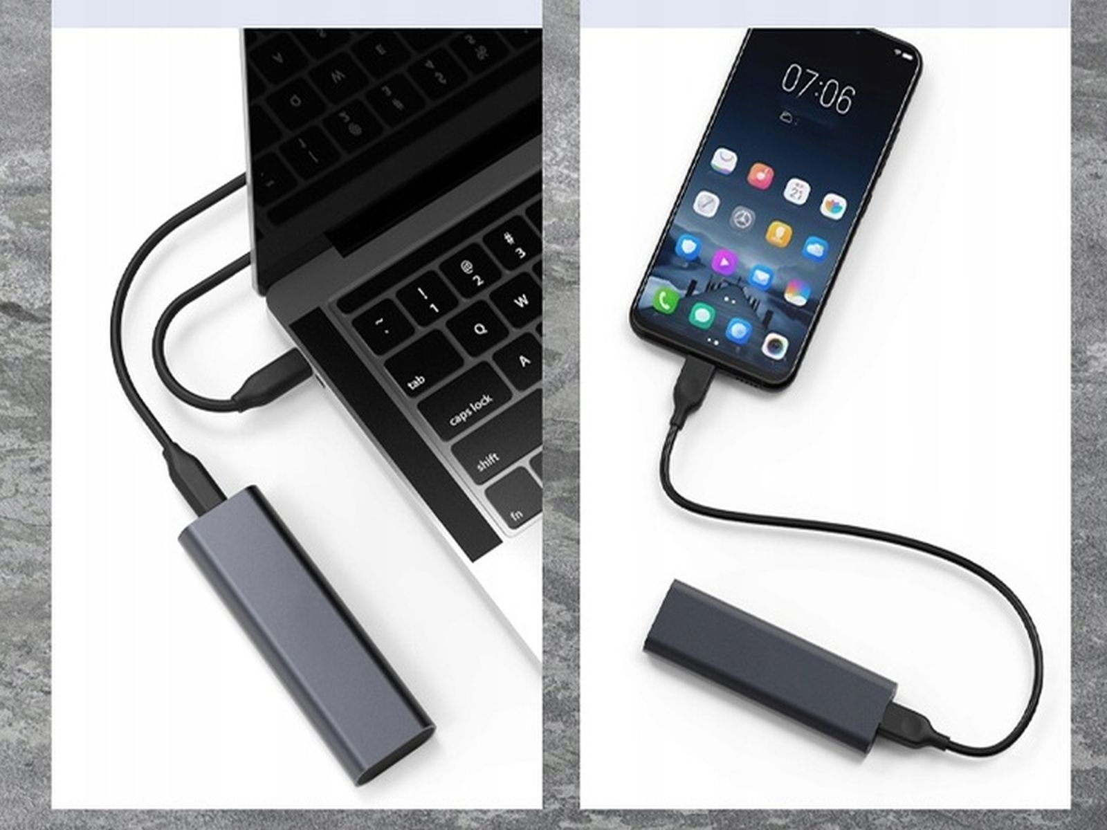 Zwei Bilder mit einem Laptop und einem Telefon, die über USB-Kabel mit einem Gerät verbunden sind.