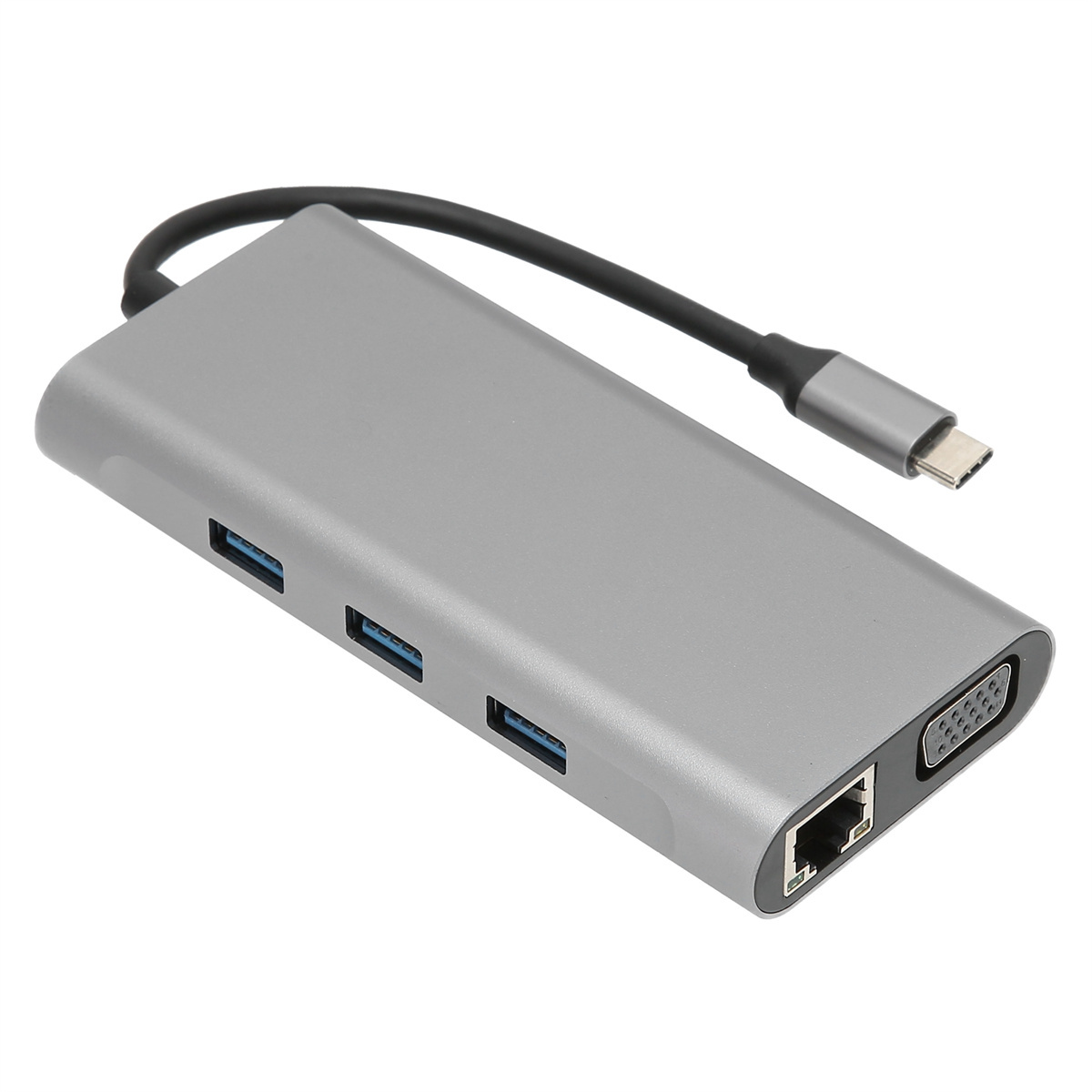 Silberner Multiport-Adapter mit USB-, VGA- und Ethernet-Anschlüssen. Schwarzes Kabel und USB-C-Anschluss.