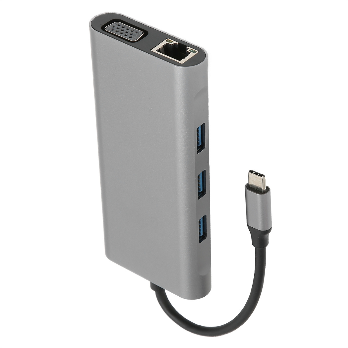 Grauer Hub mit mehreren Anschlüssen, einem Kabel und weißem Hintergrund.