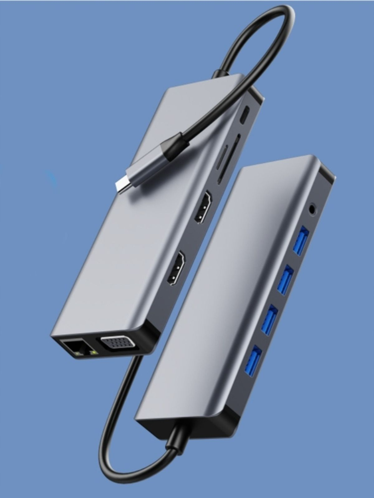 Srebrny i szary hub USB z wieloma portami i kablem połączeniowym na niebieskim tle.