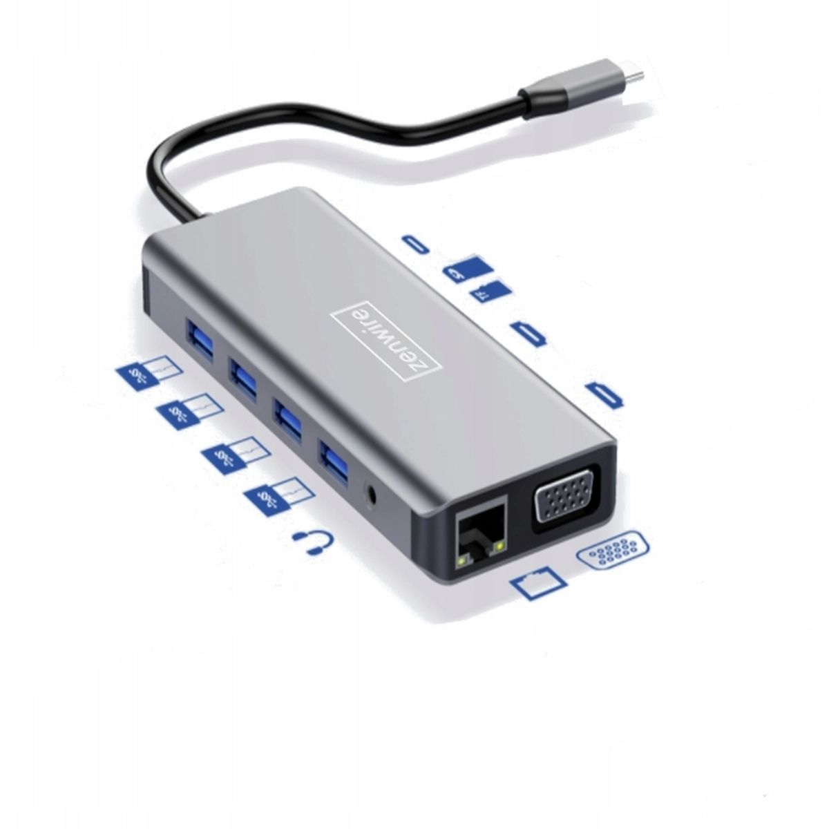 Szary hub USB-C z różnymi portami, w tym USB, HDMI i Ethernet.