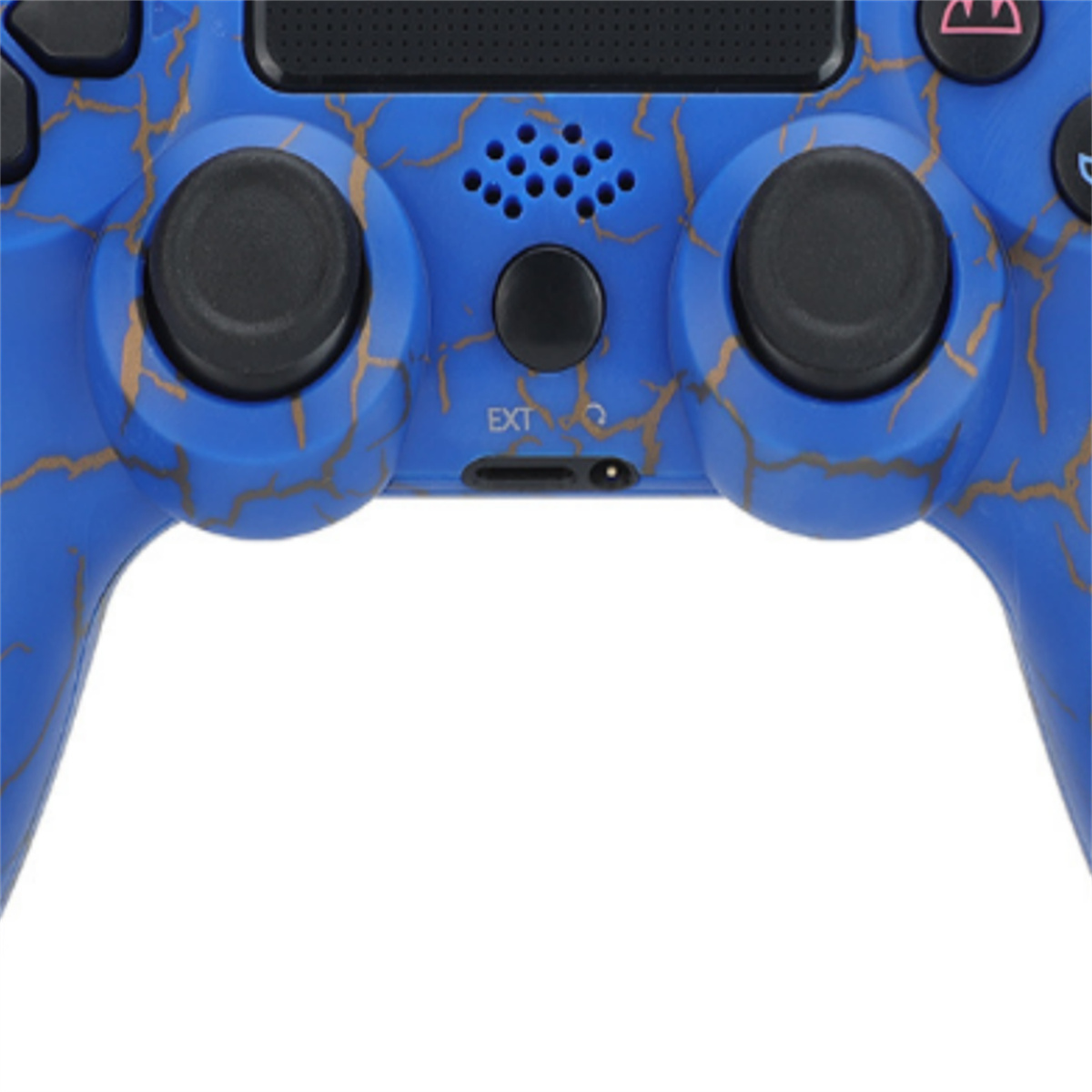 Blauer PS4-Controller mit schwarzen Joysticks und goldenem Krakel-Design.