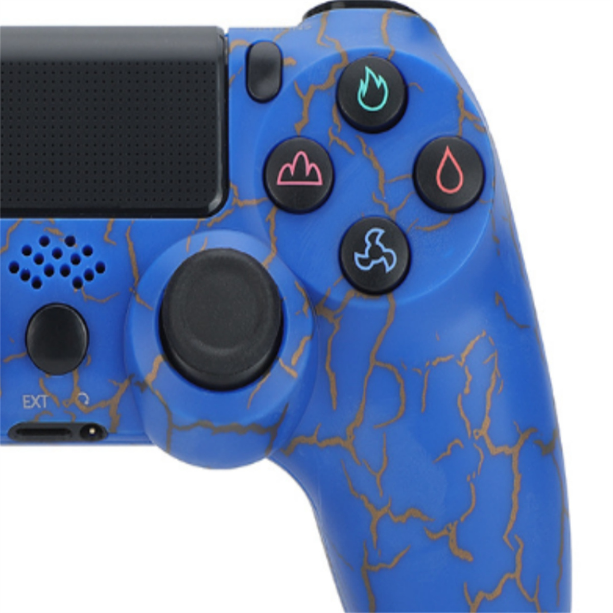 Ein blauer Playstation-Controller mit verschiedenen farbigen Tasten. Der Controller hat ein rissiges, goldenes Muster.