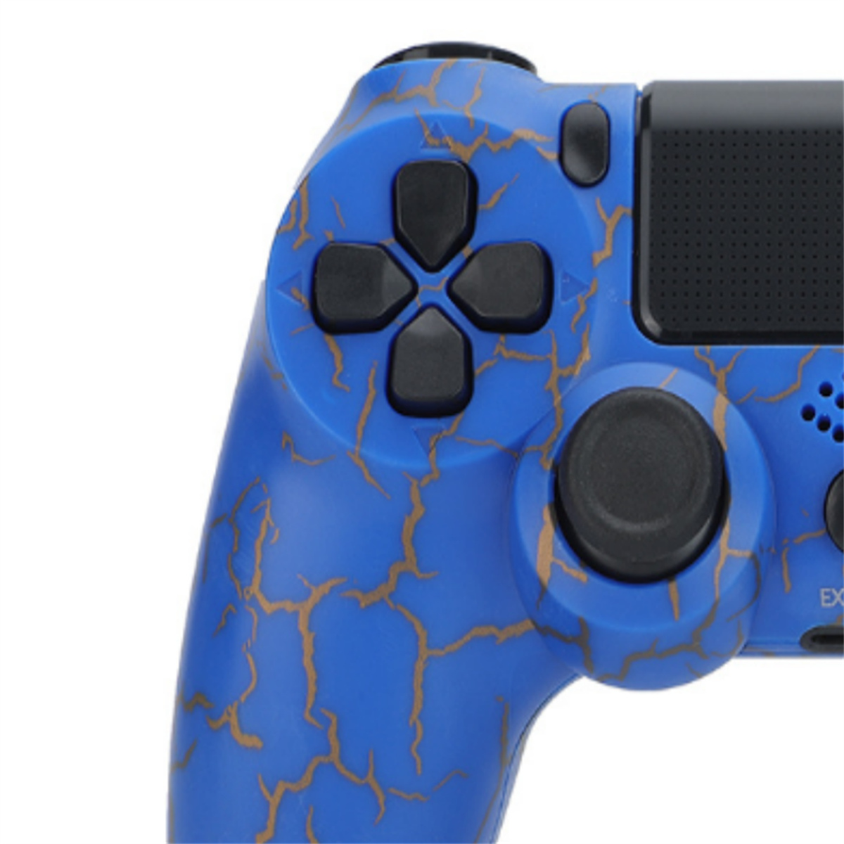 Nahaufnahme eines blauen Gamecontrollers mit schwarzen Knöpfen und goldenen Akzenten.