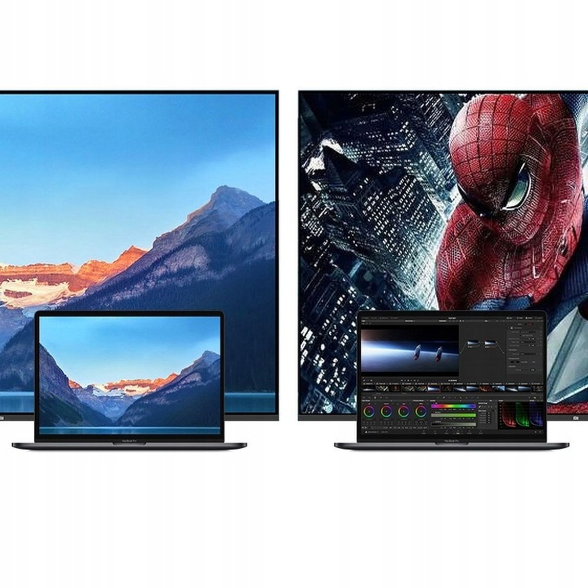 Dwa laptopy wyświetlają krajobrazy i obraz Spidermana, obok dwóch dużych ekranów z podobną zawartością.