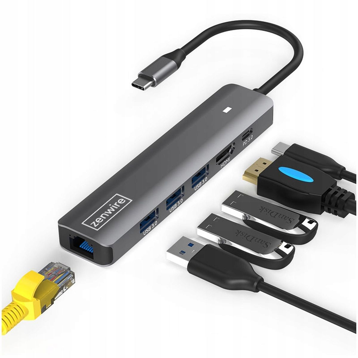 Szary hub z portami USB, HDMI i Ethernet, plus napędy USB i kabel.