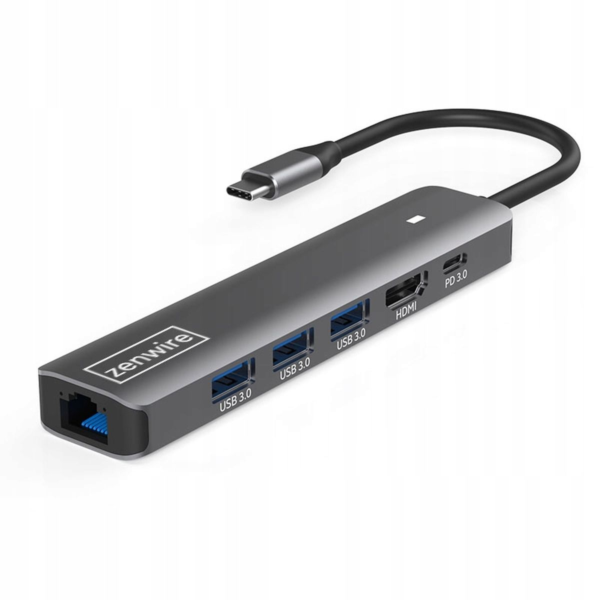 Szary hub USB-C z wieloma portami, w tym USB 3.0 i HDMI.