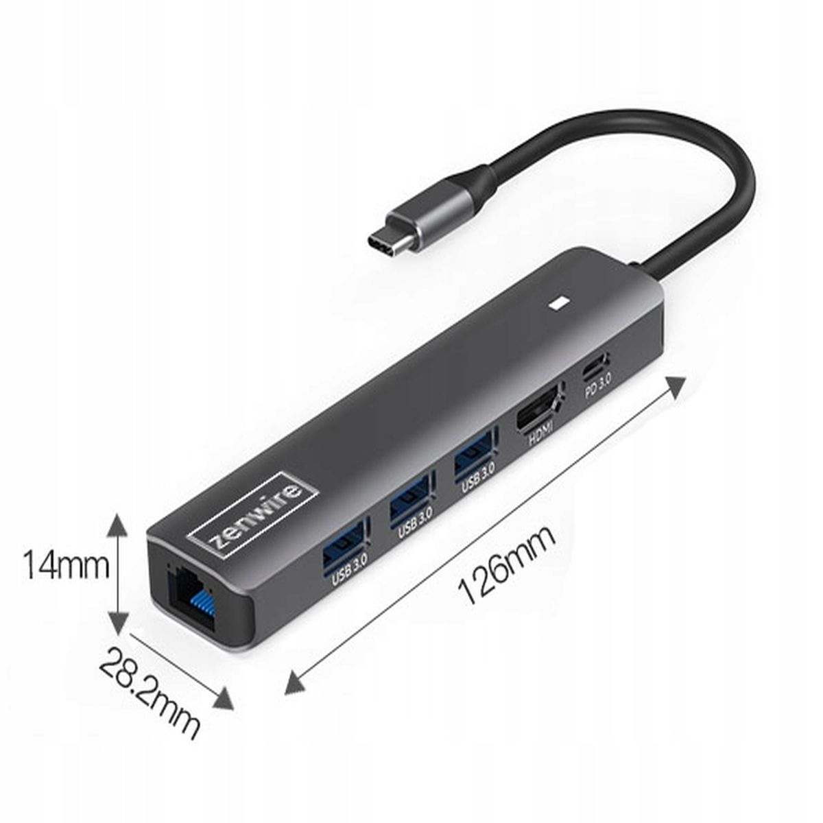 Ciemnoszary hub USB-C z wieloma portami USB 3.0, HDMI i ethernet, z wymiarami.