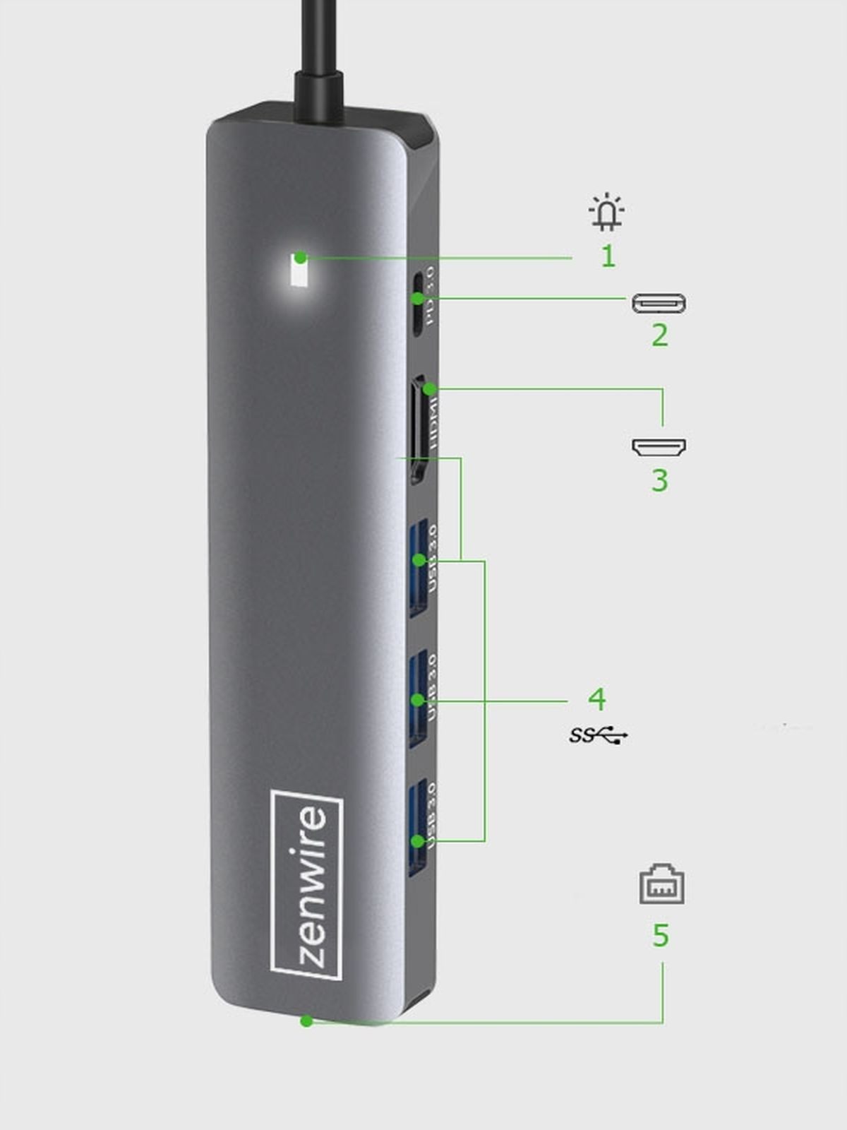 Srebrny adapter z wieloma portami z różnymi portami i podłączonym kablem.