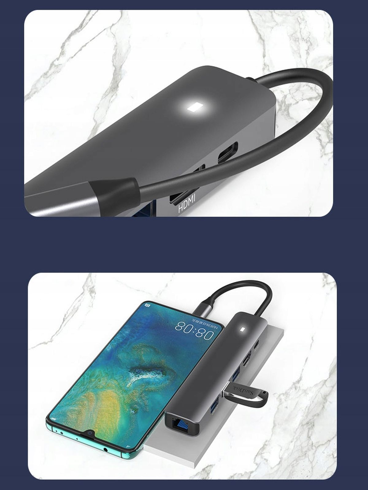 Szary hub USB-C z HDMI, podłączony do telefonu. Marmurowe tło.
