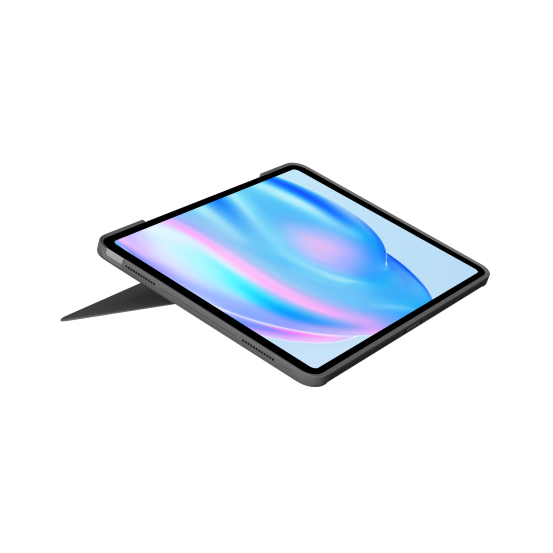 Tablet con custodia-supporto, mostra sfondo astratto blu e rosa.