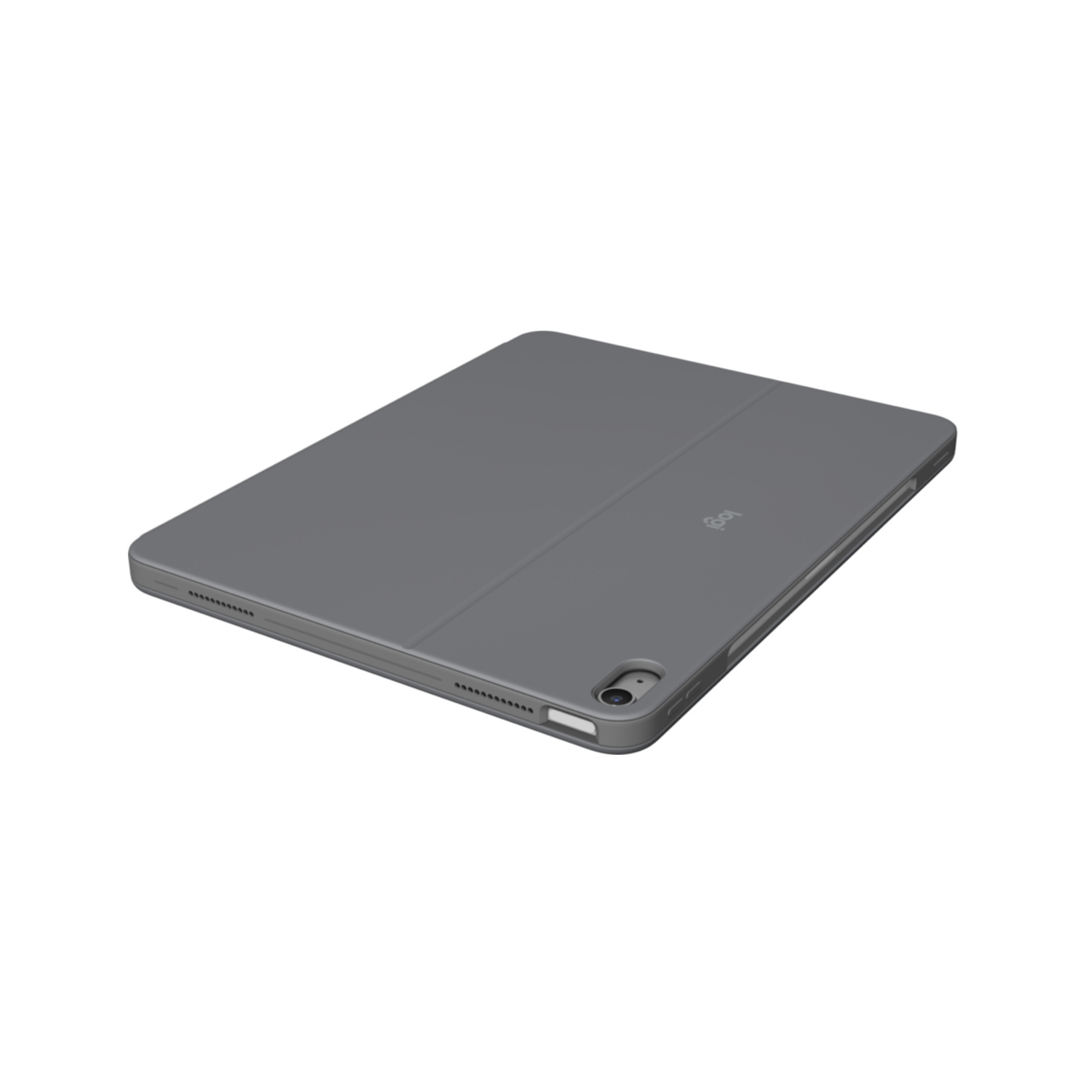 Una cover grigia per iPad con il logo di logi.