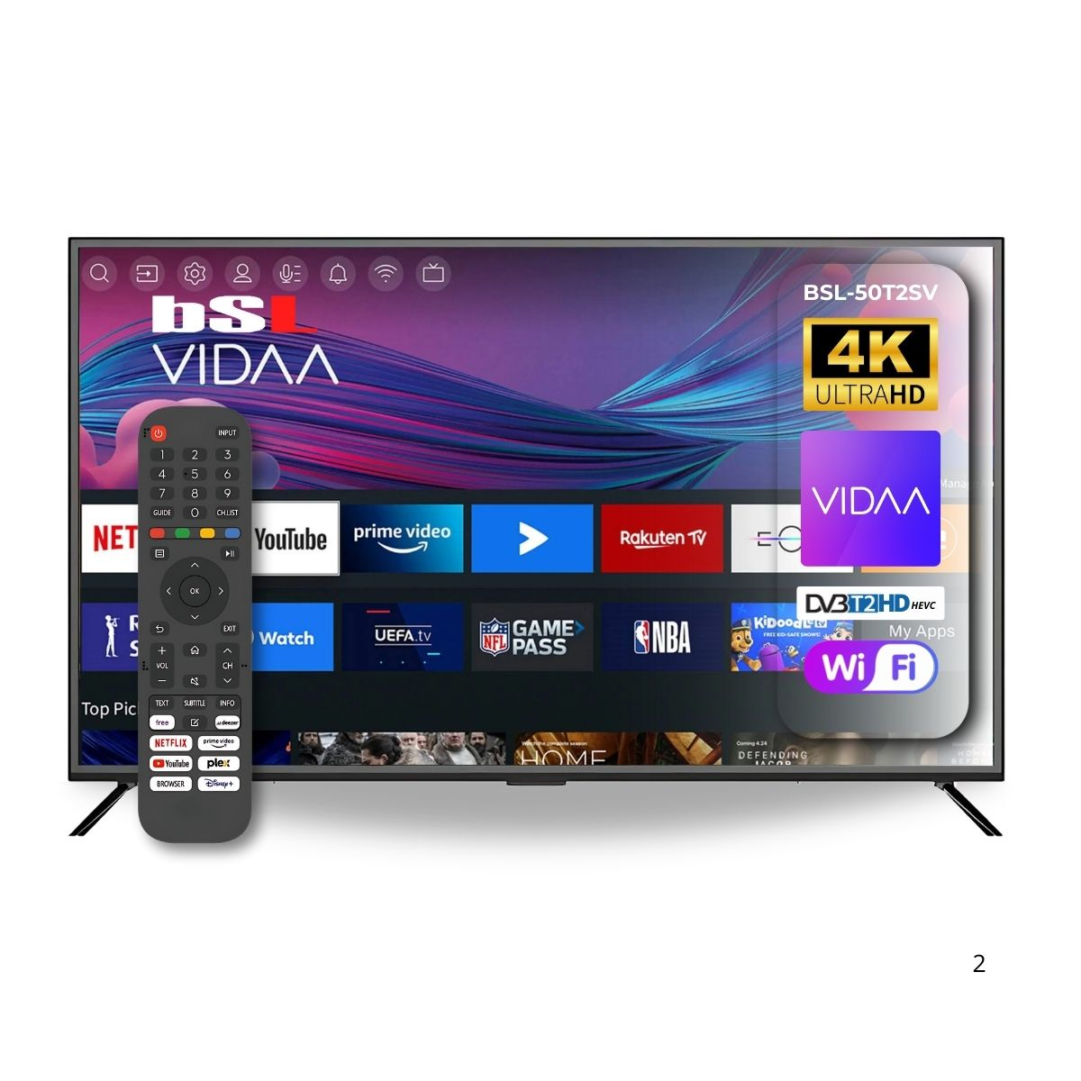 Televisor negro con mando a distancia. Varios iconos de aplicaciones en pantalla. Fondo blanco.