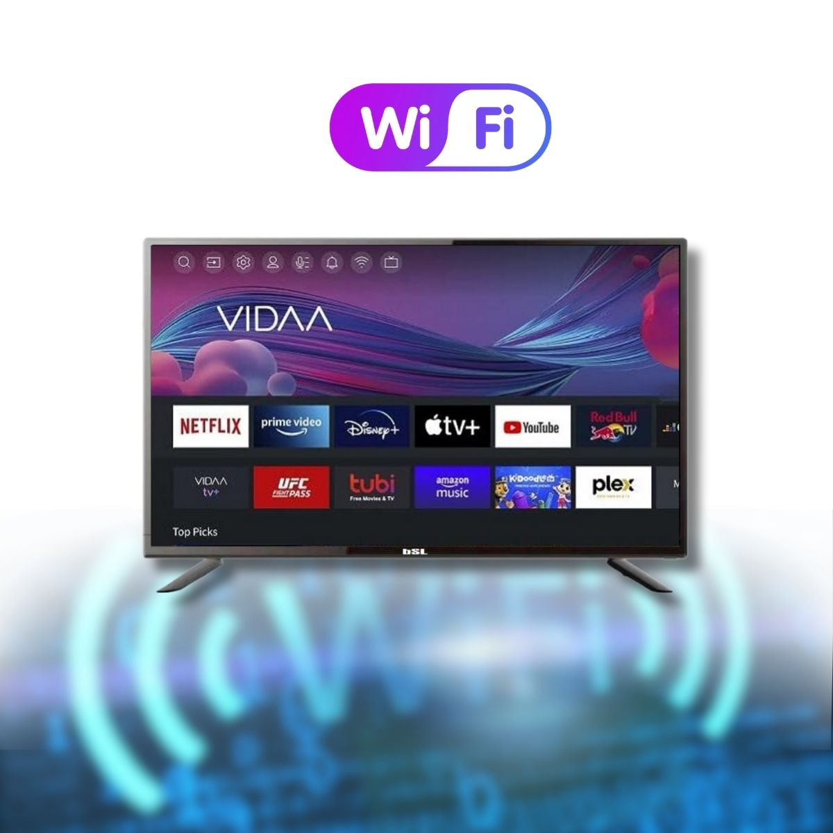 Un Smart TV mostrando varios iconos de aplicaciones con un logo WiFi arriba. Fondo blanco.