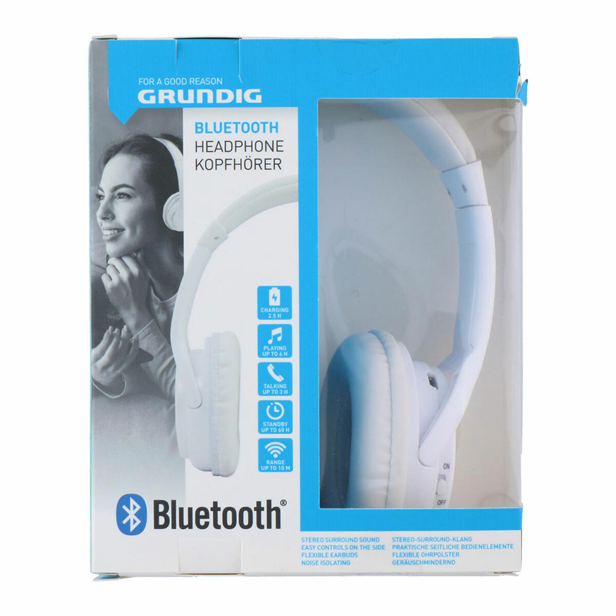 Una scatola di cuffie Bluetooth Grundig è mostrata, con una donna a sinistra. Le cuffie sono visibili all'interno.