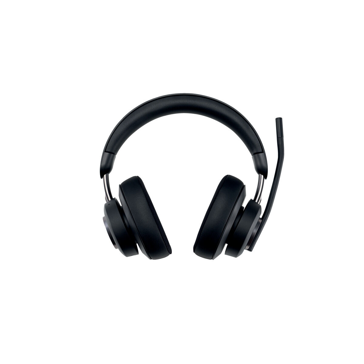 Cuffie nere con microfono. Design over-ear, con archetto curvo e microfono regolabile.