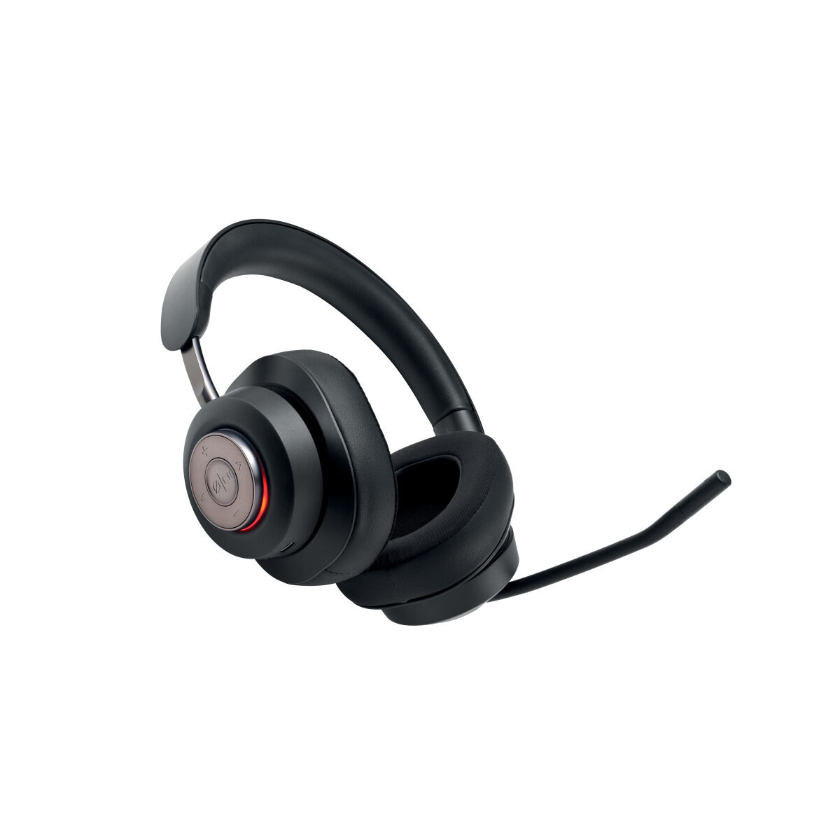 Cuffie over-ear nere con microfono. Le cuffie sono su sfondo bianco.