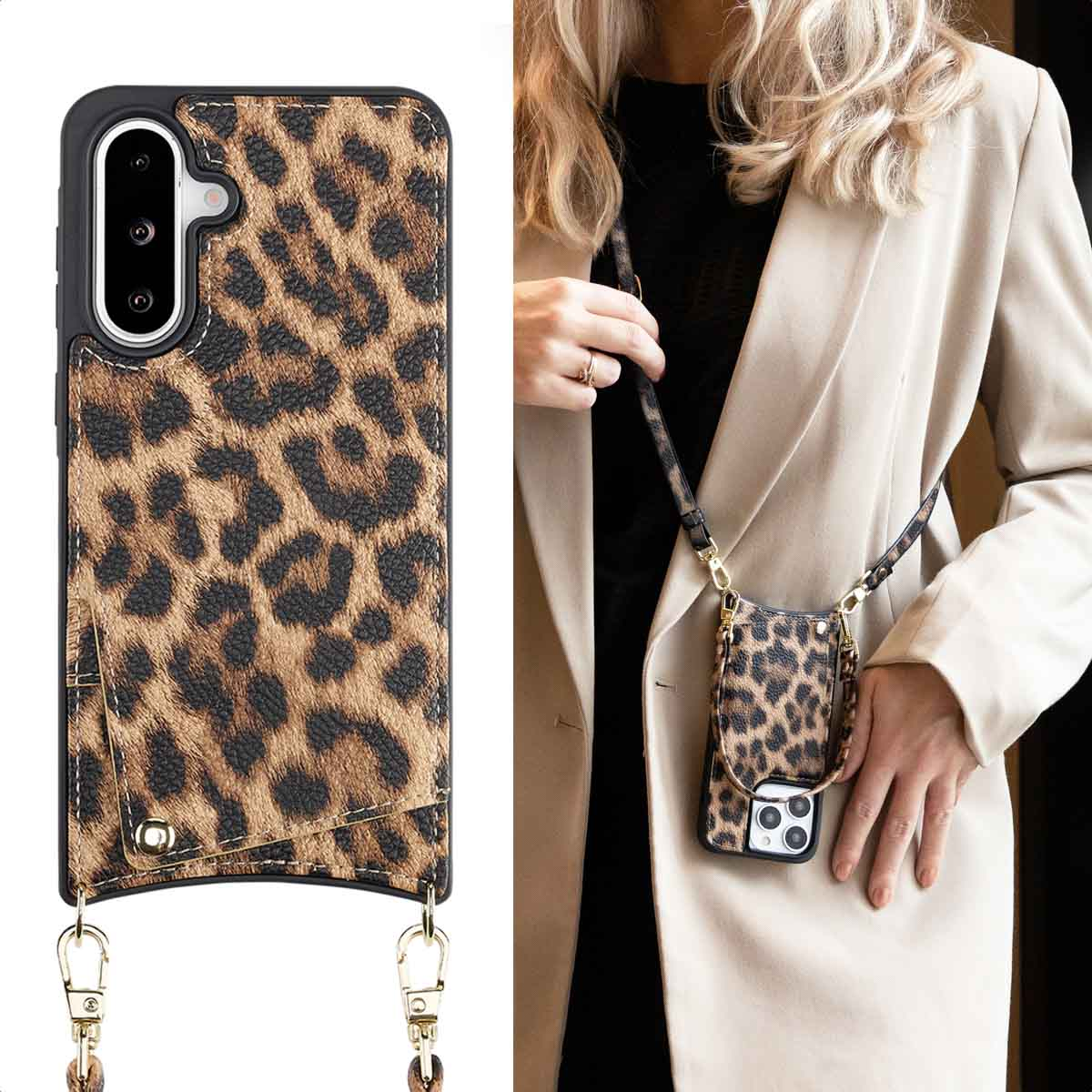 Vrouw met beige jas, houdt telefoonhoesje met luipaardprint vast.
