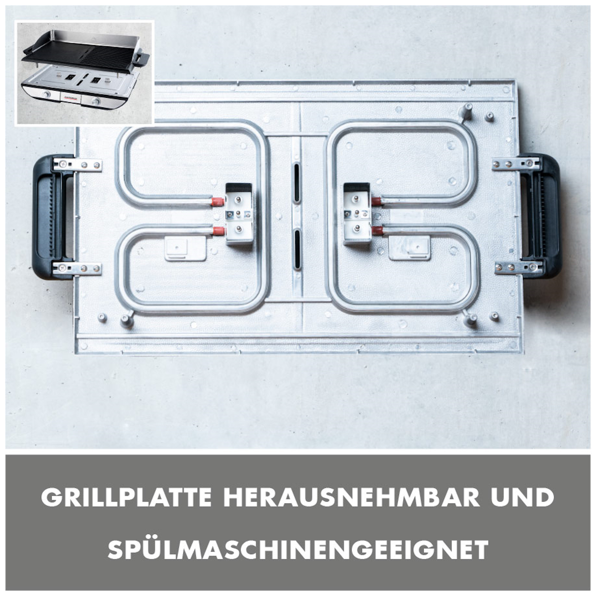 Grillplatte, mit deutschem Text: 'Grillplatte herausnehmbar und spülmaschinengeeignet'. Weißer Hintergrund.