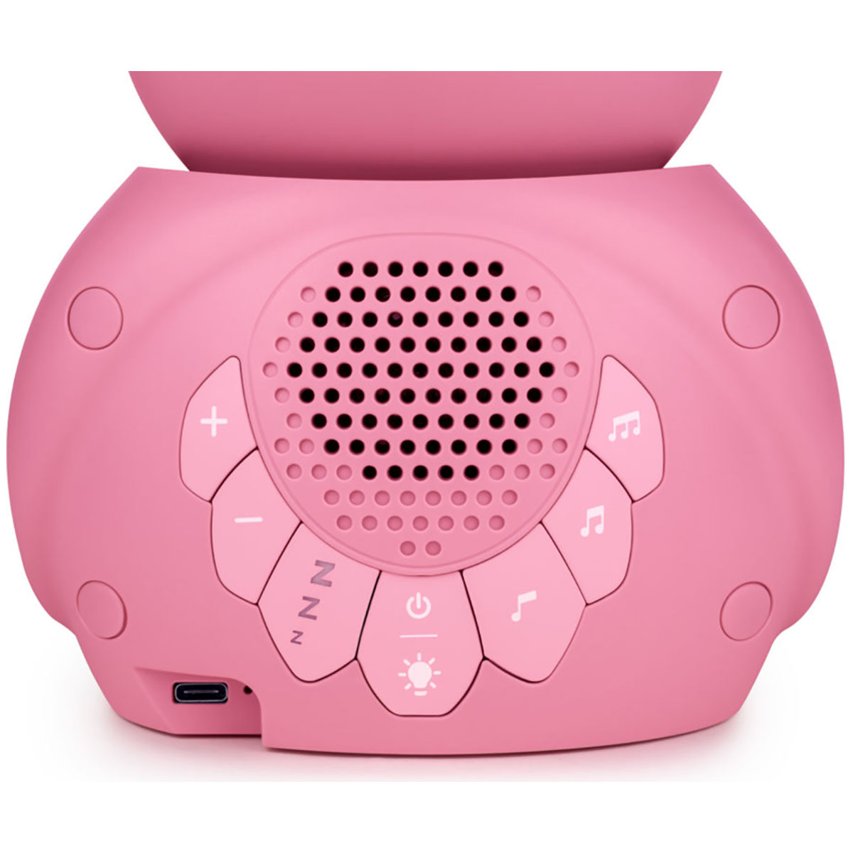 Altavoz rosa con panel táctil y varios botones. Tiene un puerto USB.
