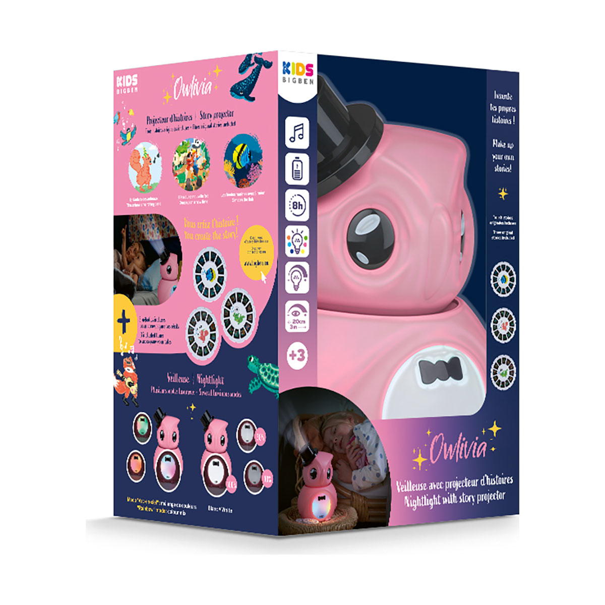 Proyector rosa con forma de búho en una caja con imágenes y texto sobre sus características y uso.
