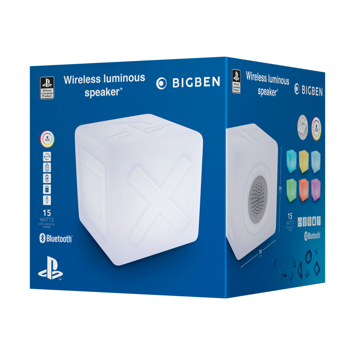 Weißer Würfel-Lautsprecher mit Playstation-Logo, Lichtern und Text.