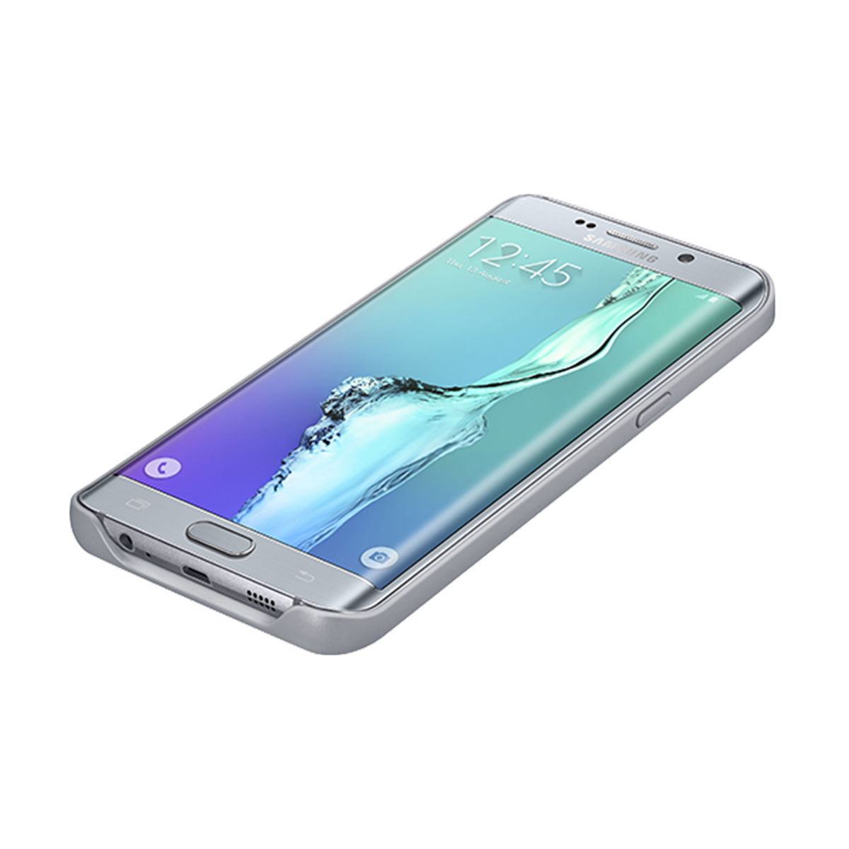 Uno smartphone argentato su sfondo bianco. Lo schermo mostra l'ora, la data e la batteria.