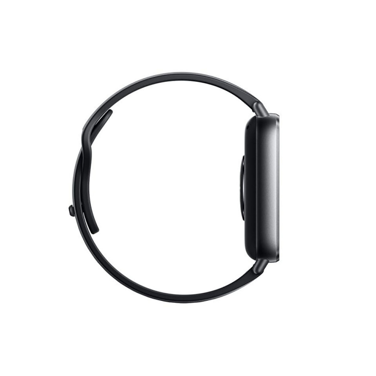 Schwarze Smartwatch auf weißem Hintergrund. Seitenansicht. Schwarzes Armband und Bildschirm.