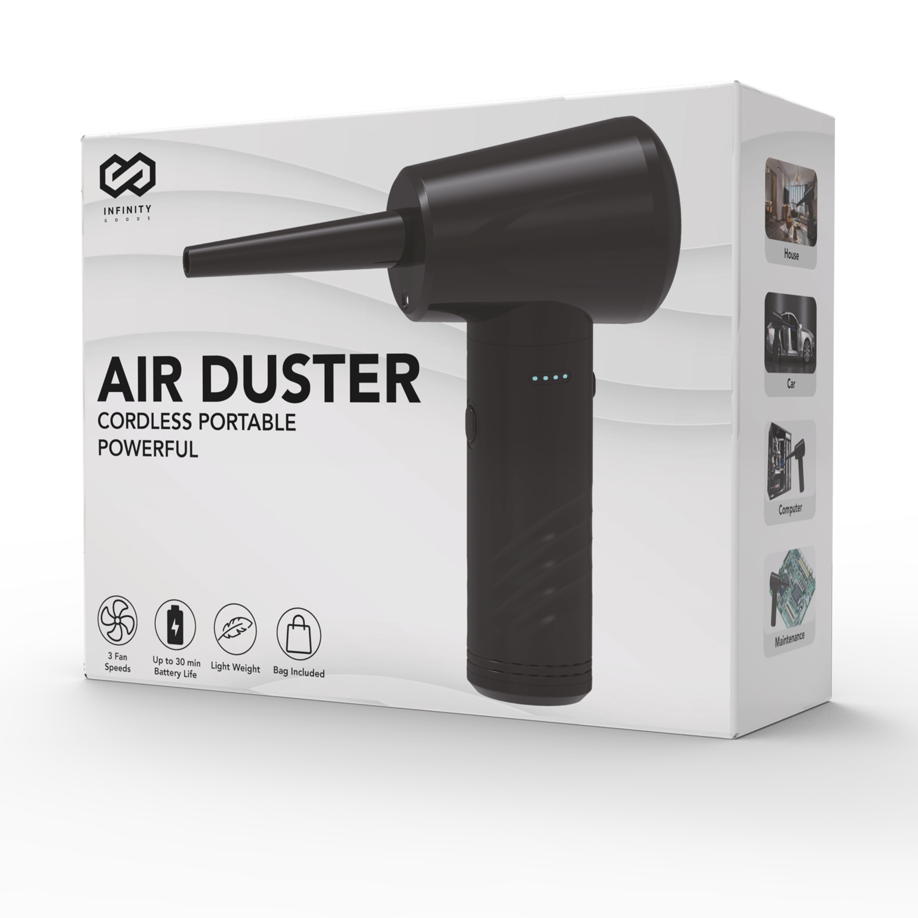Air duster in a box, with icons, and text. Shows various uses, with a black duster.