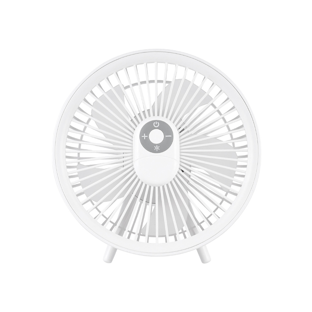 Ein weißer Tischventilator mit kreisförmigem Design steht auf weißem Untergrund.