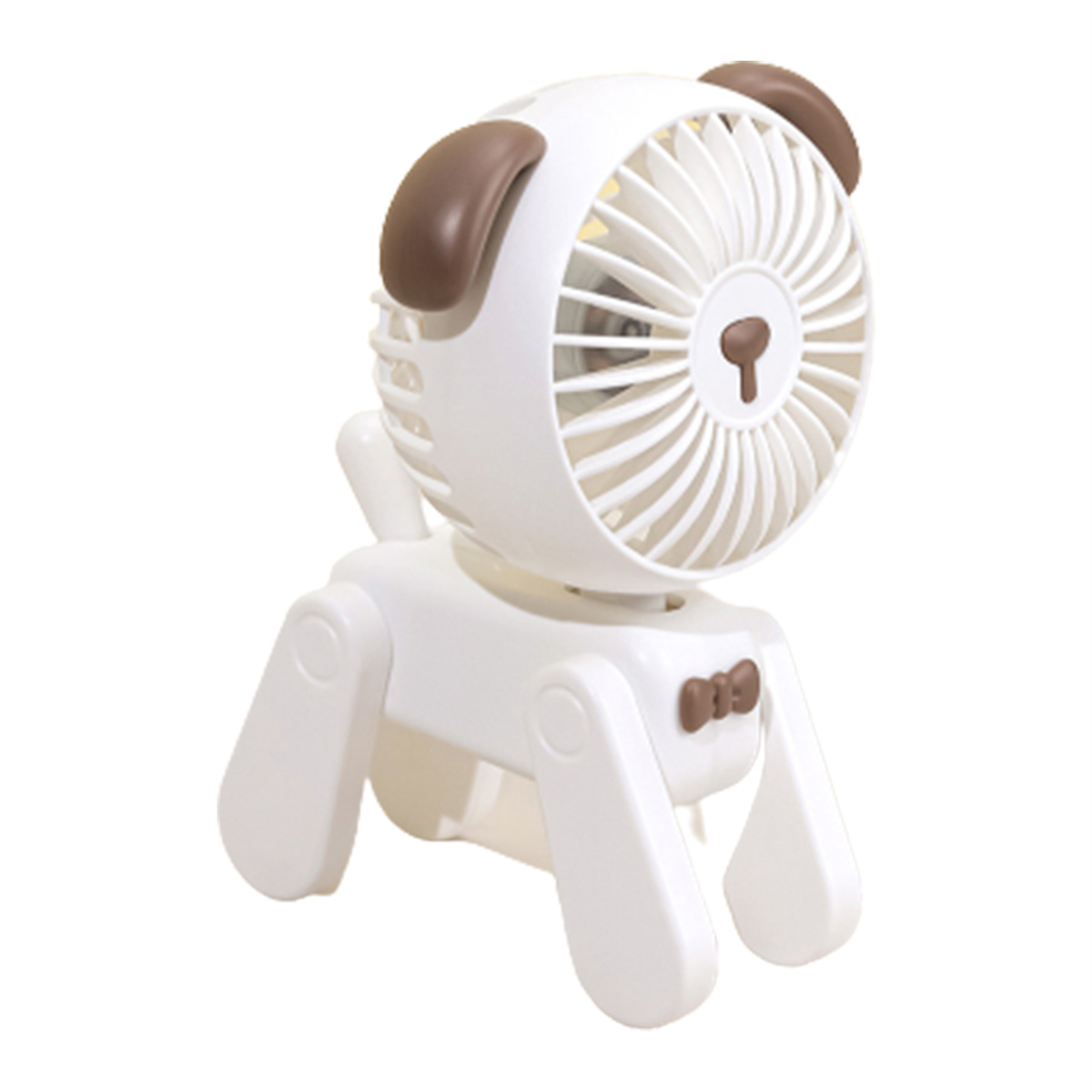 Weißer Hundeförmiger Ventilator mit braunen Ohren, Nase und Fliege; auf weißem Untergrund.